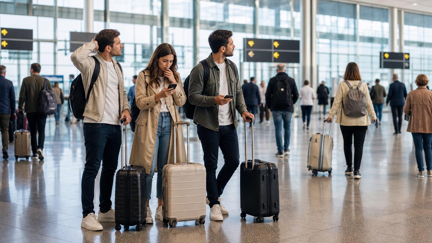 Travelers with luggage check phones and airport directions while coordinating pickup details in a busy arrivals hall.