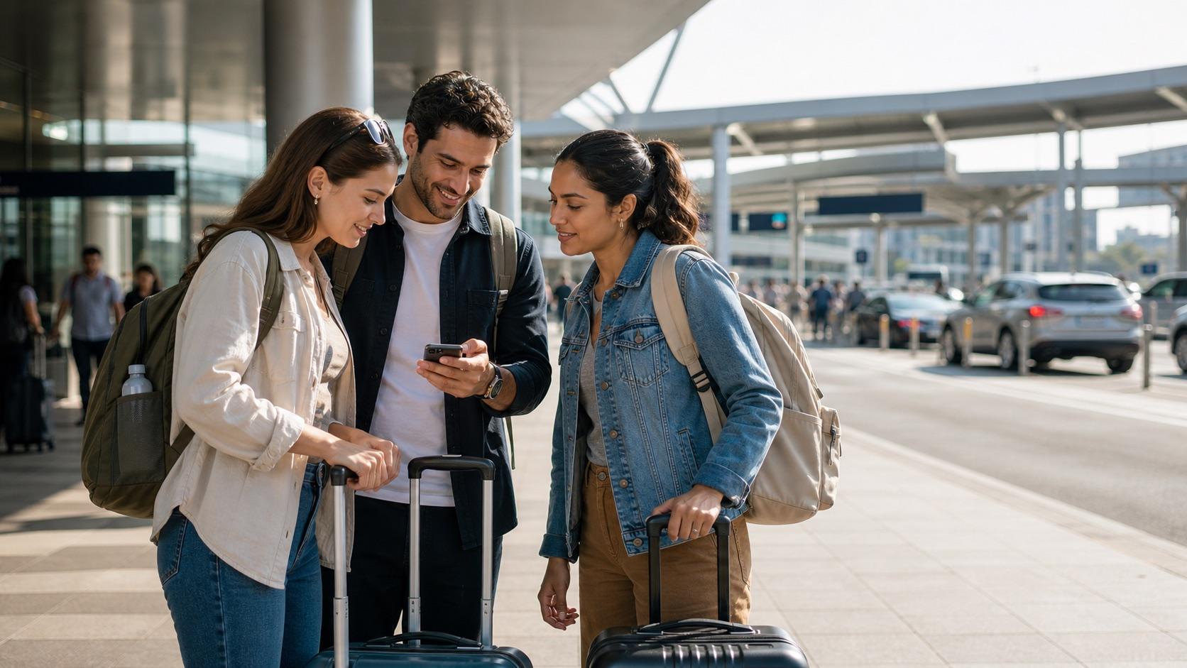 Travelers with suitcases review shared ride details together in a public airport pickup area.
