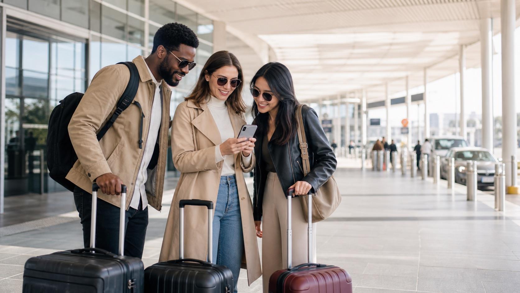 Three travelers with luggage coordinate a shared airport pickup outside a modern arrivals terminal.