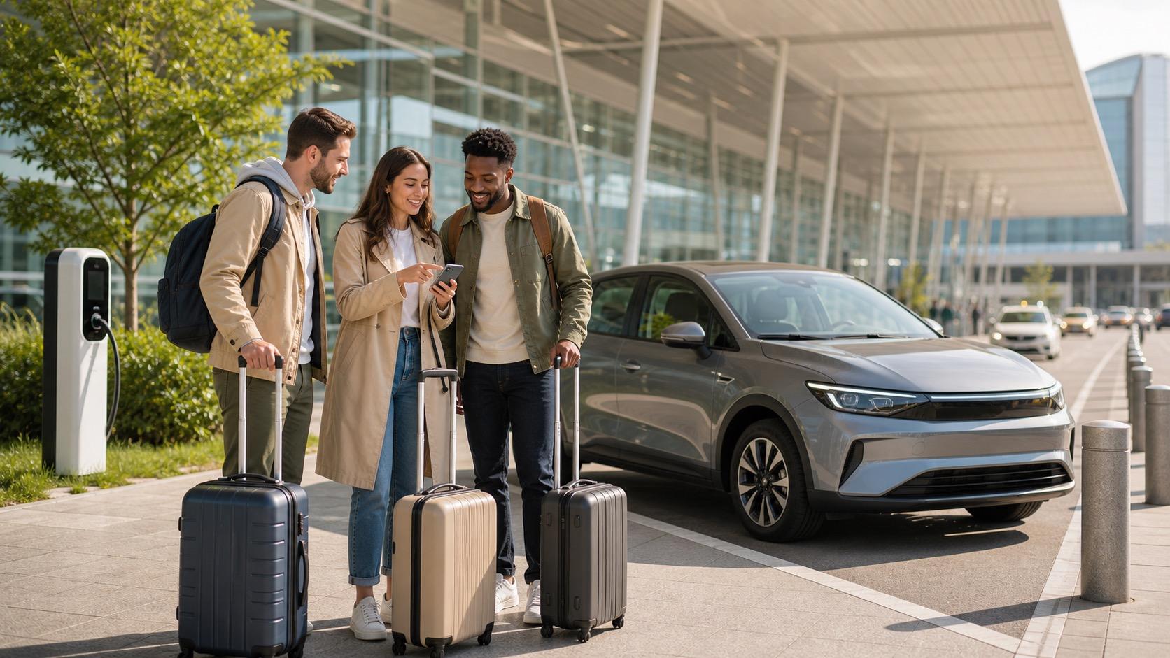 Travelers with suitcases coordinate a shared airport ride beside a clean vehicle outside a modern arrivals terminal.